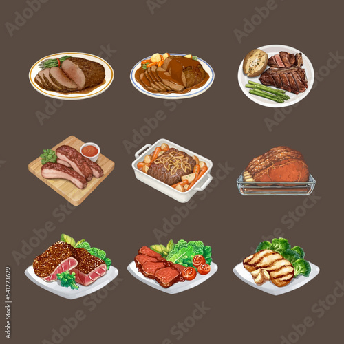 Set of beef steak watercolor vector illustration