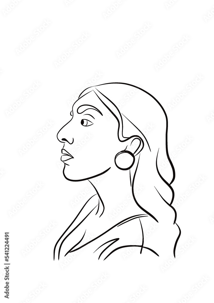 Illustration de profil, d’une jolie femme bohémienne au nez aquilin. Dessin au ligne simple noir