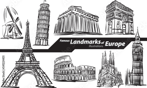 Famous Landmarks of Europe design freehand doodle set collection vector illustration