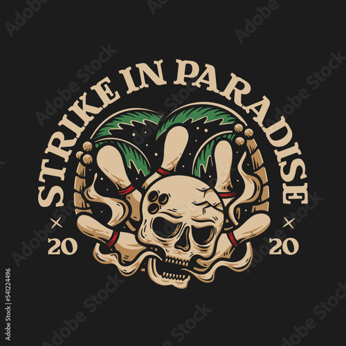 Funny Bowling game paradise skull head design illustration t-shirt vector graphic design