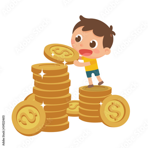 Lovely kid saving money coins-a child stands on the coins and holds a coin. A flat vector illustration.	
