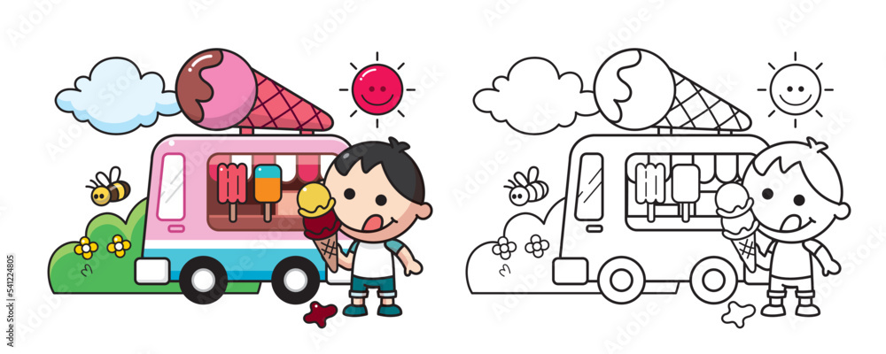 Fototapeta premium Cute cartoons and characters are designed with a black-and-white outline. Illustration of a Little Boy and a Truck with an Ice Cream.