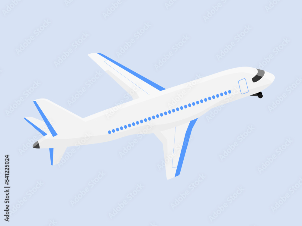 A white plane flies in the sky. A plane with blue windows. The flight and the journey. Vector illustration