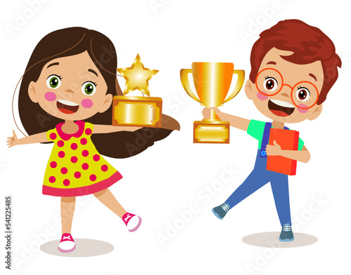 cute happy boy holding golden trophy