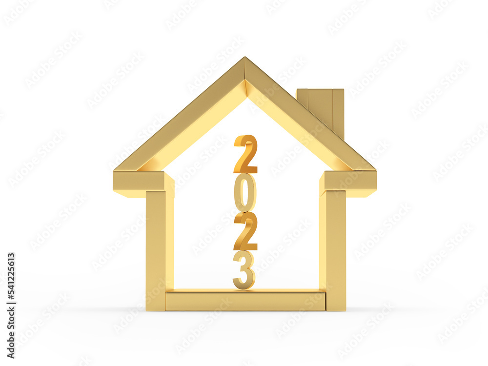 Vertical number 2023 in golden house icon. 3D illustration Vertical number 2023 in golden house icon. 3D illustration