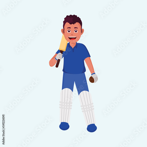 Portrait Of Cricket Batsman Holding Bat And Ball Over Pastel Blue Background.