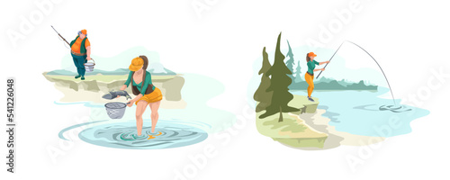 fishing, cartoon people fish, isolated objects, against the background of the river, shore, man, woman, hobby © LypoVa