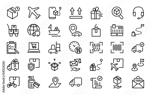Set of 35 delivery and logistics icons in line style. Delivery, express delivery, order tracking, warehouse, freighter, loading and package. Vector illustration.