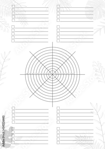 Empty Wheel of Life - diagram with blank lines to fill. A4 print ready Coaching tool for bullet journal page, daily planner template, blank for notebook, blank with empty space.