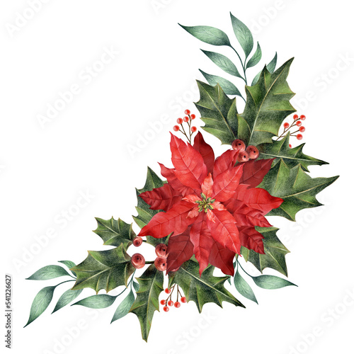The composition on the corner is made of red poinsettia, bright leaves, a lunaria flower and red berries. 