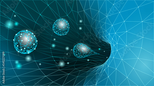 3D black hole render. Physics sci-fi gravity particles universe black matter. Dark blue triangle low poly science technology fiction vector illustration