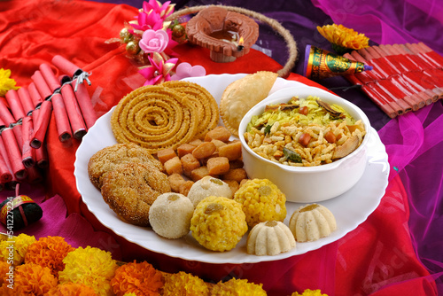 Diwali snacks Diwali faral, Diwali Special sweet and salty snacks, Festival snacks from Maharashtra, India. photo