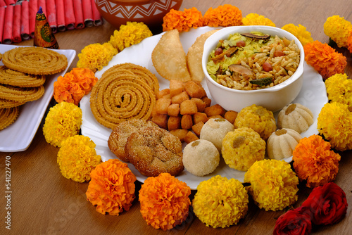 Diwali snacks Diwali faral, Diwali Special sweet and salty snacks, Festival snacks from Maharashtra, India. photo