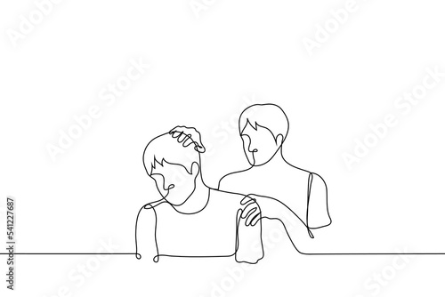 man put his hand on the head and on the shoulder of another man shorter than him - one line drawing vector. concept chiropractor, masseur, friend comforts through skinship