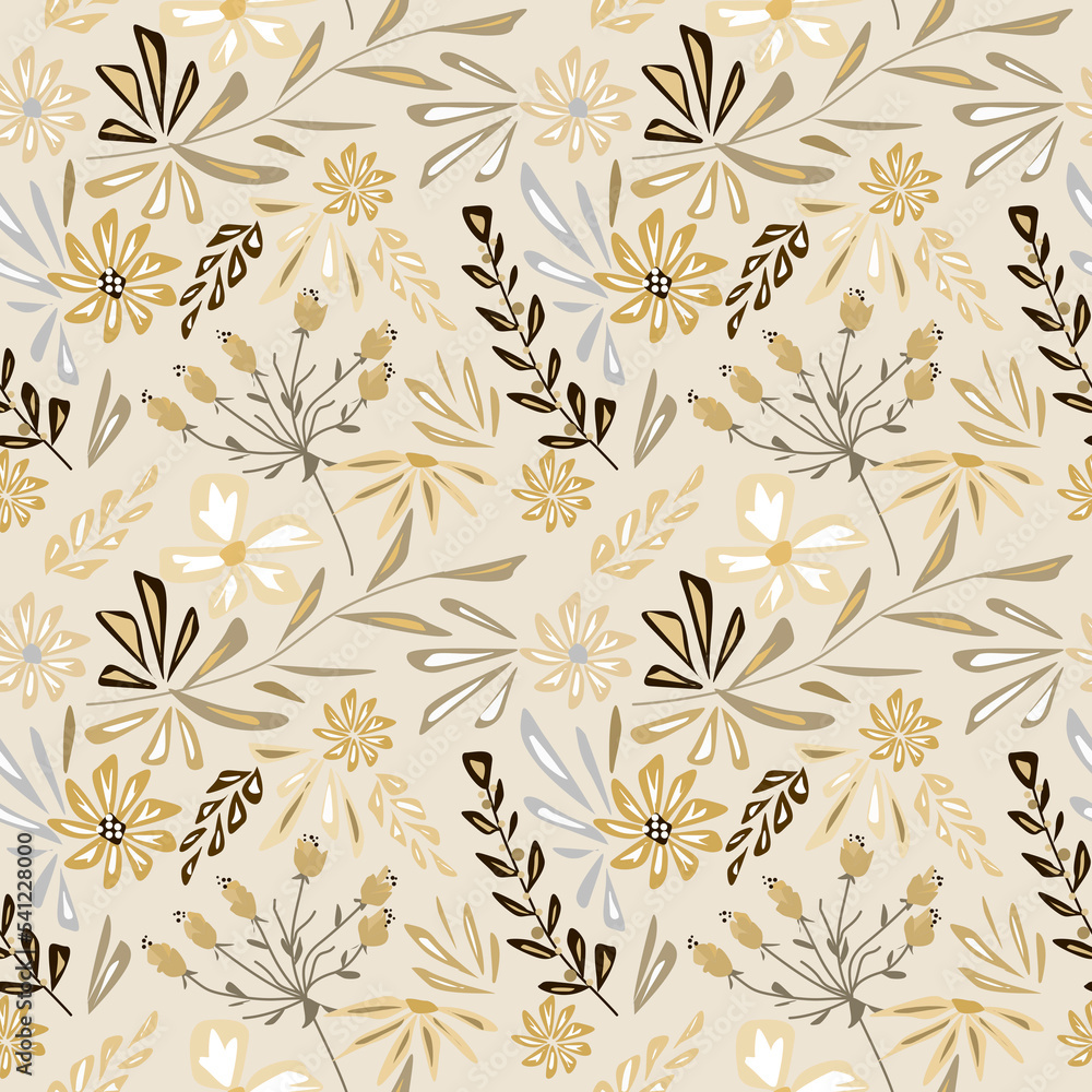 Seamless simple monochrome pattern. Yellow, brown flowers and leaves on a beige background. Seamless simple monochrome pattern. Yellow, brown flowers and leaves on a beige background.