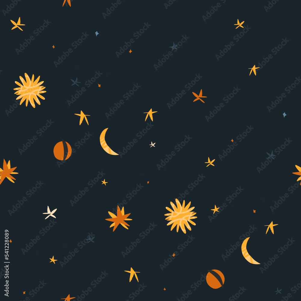 Magical cosmic illustration clipart seamless pattern with sun,moon and stars. Cosmic abstract galaxy sky background. Cartoon style.Hand drawn contemporary art,Bright night sky pattern background.