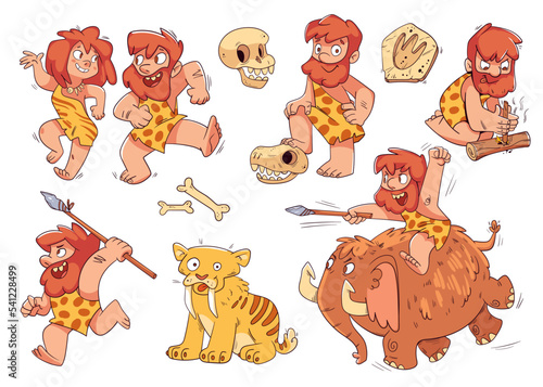 Prehistoric people. Stone age life. Colorful cartoon characters. Funny vector illustration. Isolated on white background. Children set