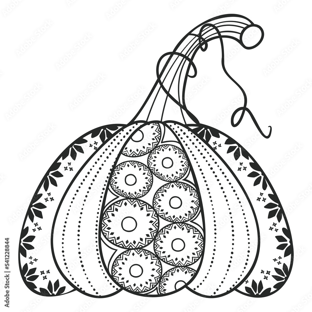 Pumpkin mandala. Coloring page for adults and kids. Vector illustration