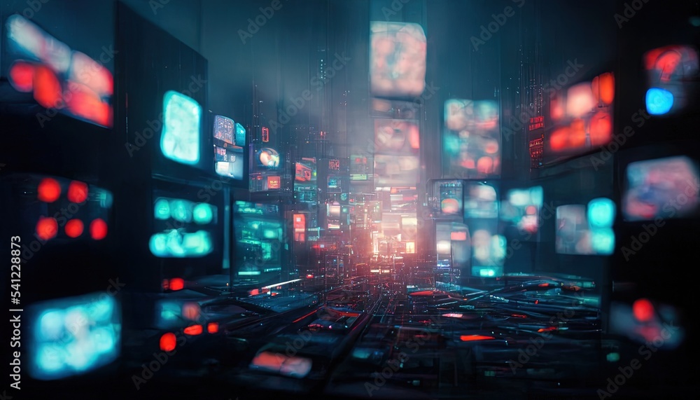 Сoncept of virtual environment and cyberspace set of glowing screens and network equipment workplace of hacker or programmer blurred background in cyberpunk style.  Ai generated.