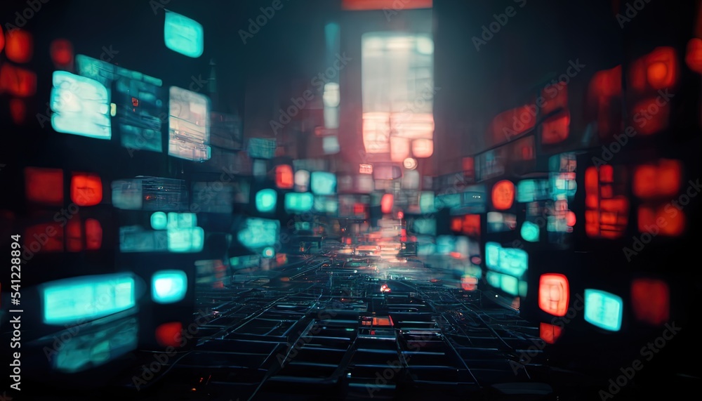 Сoncept of virtual environment and cyberspace set of glowing screens and network equipment workplace of hacker or programmer blurred background in cyberpunk style. Ai generated. Сoncept of virtual environment and cyberspace set of glowing screens and network equipment workplace of hacker or programmer blurred background in cyberpunk style. Ai generated.