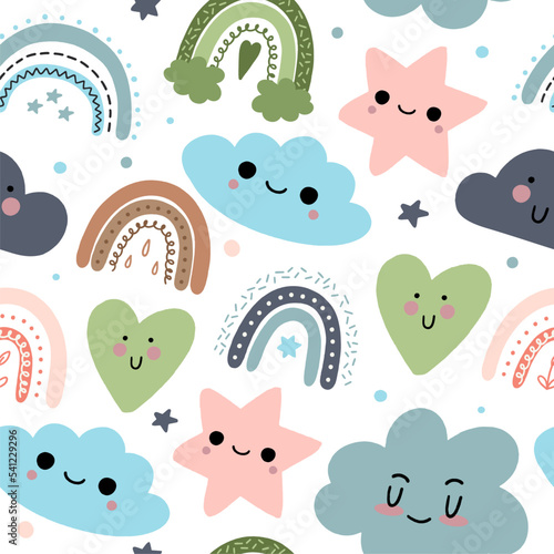 The pattern of cute hearts of stars and rainbows with kawaii eyes. For decoration of childrens rooms and holidays. Vector modern style