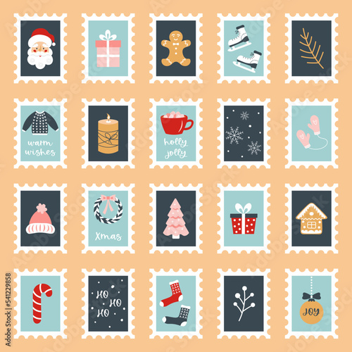 Christmas postage stamps with winter holiday symbols. Santa, gift boxes, gingerbread cookies, sweater, cocoa, skates, mittens, wreath etc. Vector isolated illustration in flat style. 