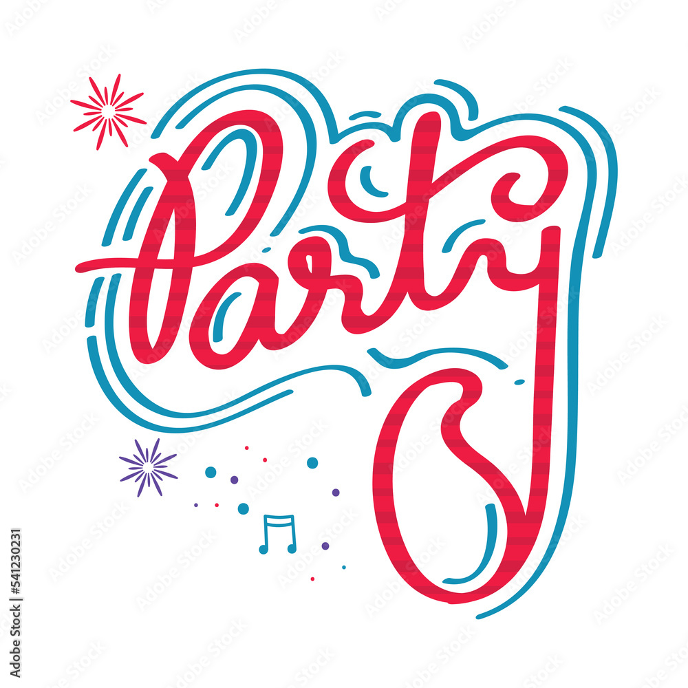 Strippy Party Text Sticker In Red And Turquoise Color. Strippy Party Text Sticker In Red And Turquoise Color.