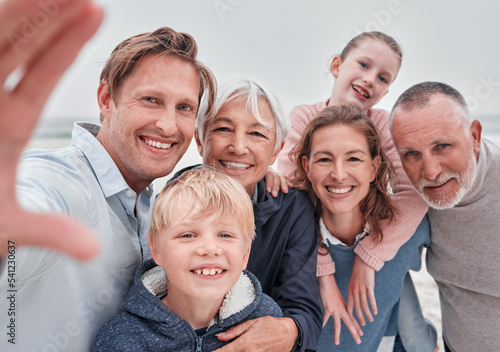 Canvas Print Selfie, smile and portrait of happy family on the beach for winter fun, bond and enjoy quality time together