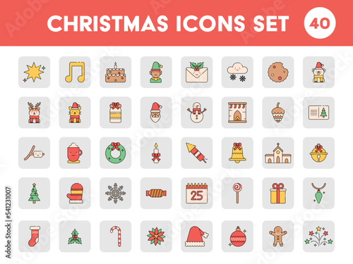 Illustration Of Christmas Icons Set In Flat Style.