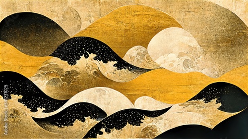 White, black and gold contemporary artistic Japanese ukiyo-e, folding screen ambience, abstract, elegant, delicate and luxurious retro dramatic graphic design elements