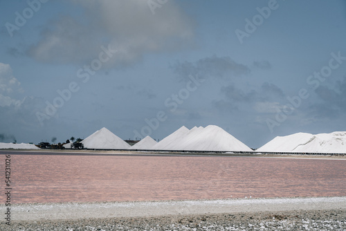 Pink Lakes in the front of Salt Mountains at Bonaire Caribbean Sea