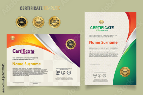 Modern certificate template with beautiful combination color on waving shape background