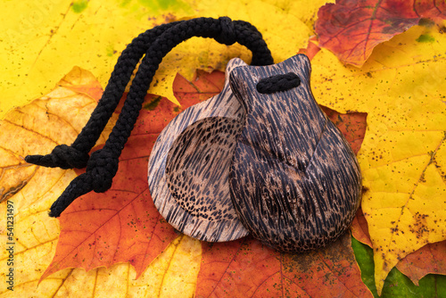 Fotografi Percussive instrument castanets on the background of autumn colorful leaves