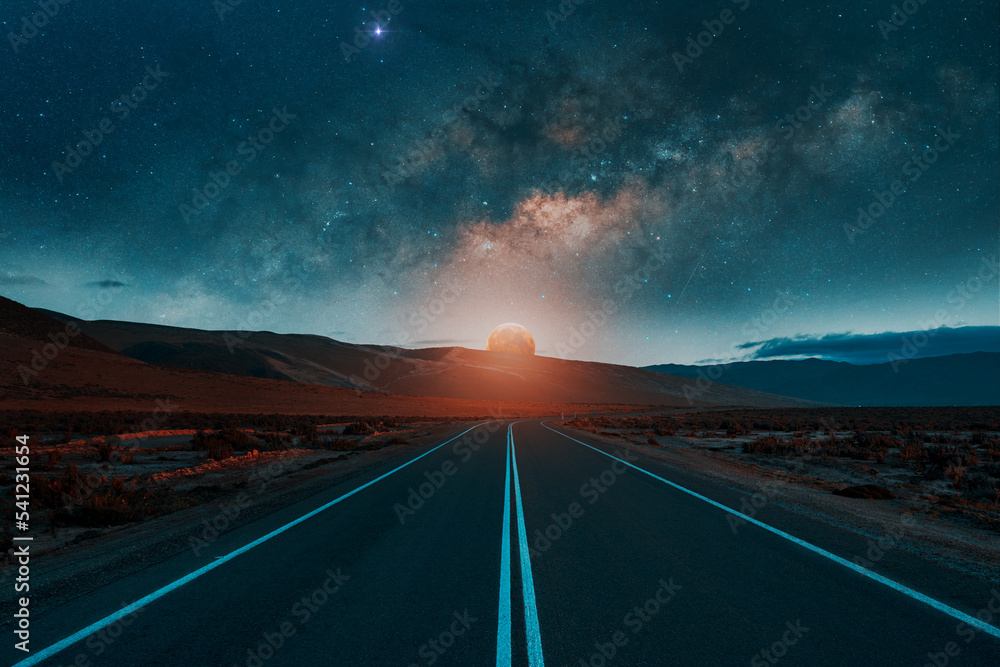 road in the desert with moon and milky way background Stock Photo ...