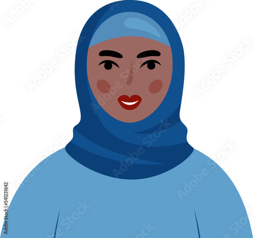 Portrait of a smiling young muslim woman in blue hijab. Cartoon avatar of a beautiful Arab lady dressed in traditional clothes. Vector flat illustration isolated on white background.