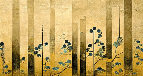 Retro dramatic graphic design elements with golden bamboo forests, flower fields and plants, Japanese style ukiyoe, folding screen atmosphere, abstract, elegant, delicate and luxurious.