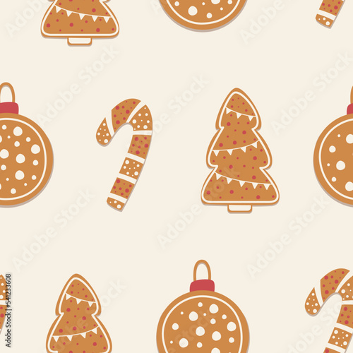 Seamless pattern with ginger cookies in flat style - christmas candy, new years tree, toy on light background