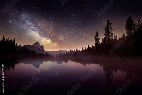 AI generated or 3D illustrated image of the Milky way rising above Yosemite National Park  © Amith