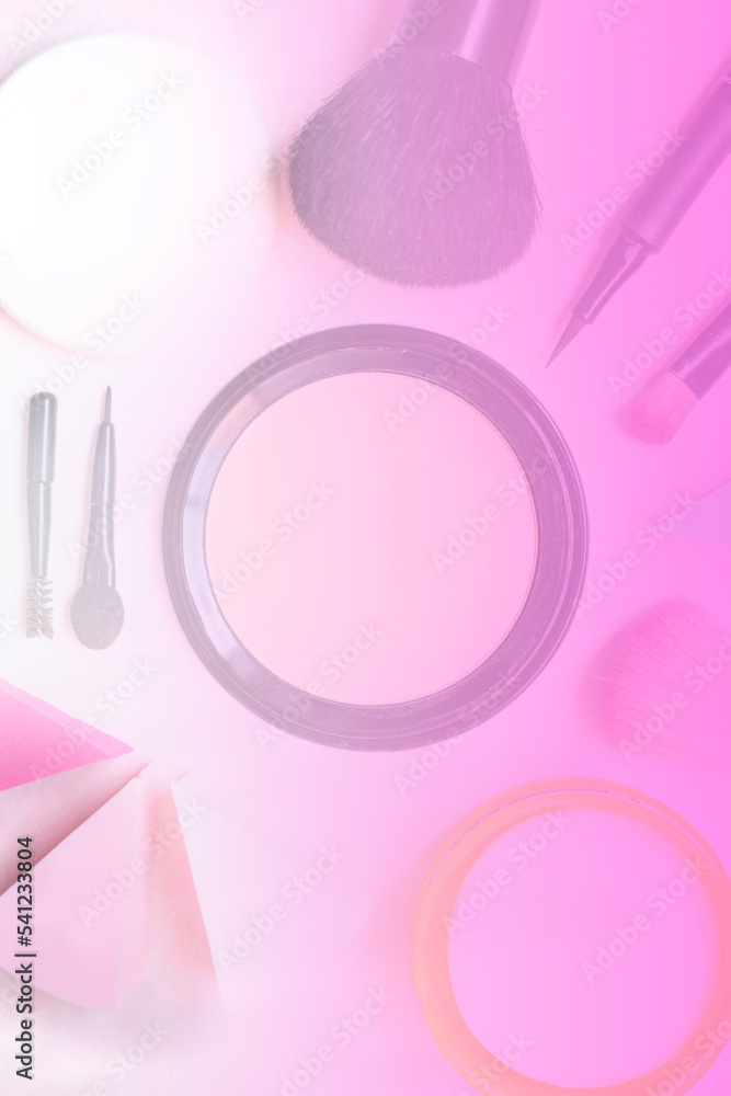 pink beauty and makeup concept with powder, eyeliner and brushes pink beauty and makeup concept with powder, eyeliner and brushes