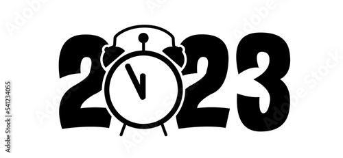 New year, party. Celebrate 2023 with clock of five-minute clock numbers. Countdown To Midnight. Cartoon happy new year 2023 inspiration and creative concept. Flat vector sign.