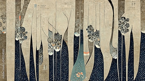 The linear, flat Japanese folding screen atmosphere, retro and dramatic graphic design elements like Katsushika Hokusai, are abstract, elegant, delicate and luxurious.