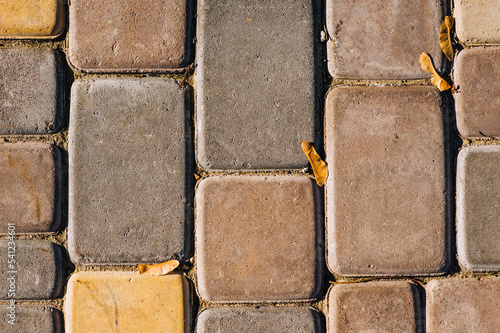 Pavement, road stone multi-colored tiles, road surface. Photo, top view.