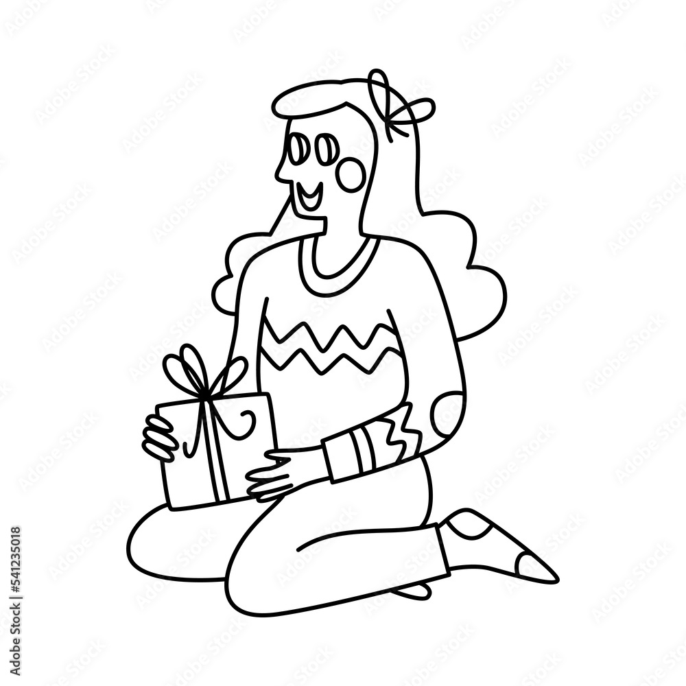 Vector doodle illustration of a girls with a present, Christmas and New Year vector clipart