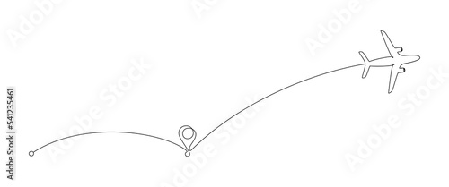 Flying Airplane and path points in One Continuous line drawing. Concept of world travel and international flight airline with road in simple linear style. Editable stroke. Doodle Vector illustration