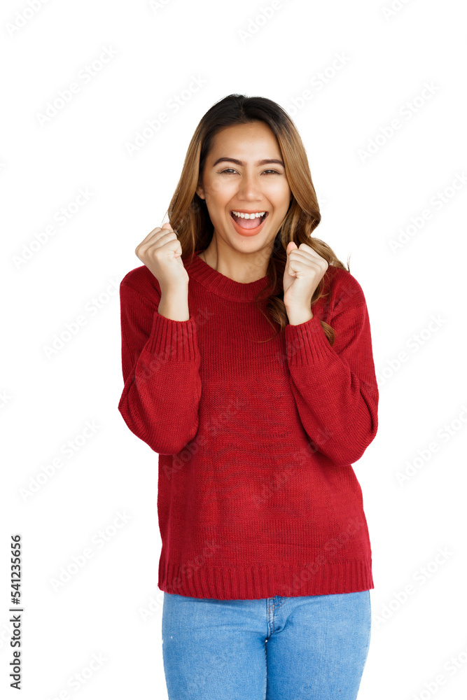 Excited confident asian happy woman in winter sweater red color isolated on white background. Excited confident asian happy woman in winter sweater red color isolated on white background.