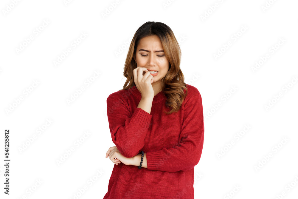 Excited confident asian happy woman in winter sweater red color isolated on white background. shocked or surprised Excited confident asian happy woman in winter sweater red color isolated on white background. shocked or surprised