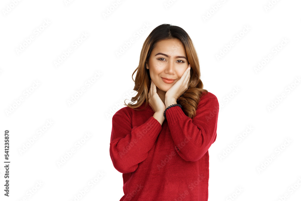 Excited confident asian happy woman in winter sweater red color isolated on white background. Excited confident asian happy woman in winter sweater red color isolated on white background.