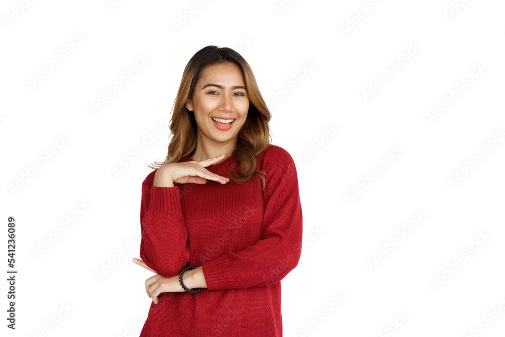 Excited confident asian happy woman in winter sweater red color isolated on white background. Excited confident asian happy woman in winter sweater red color isolated on white background.