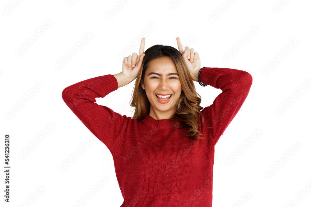 Excited confident asian happy woman in winter sweater red color isolated on white background.