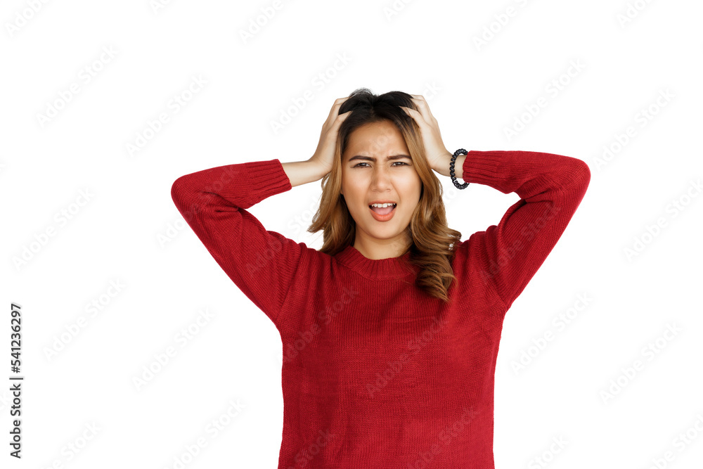 Excited confident asian happy woman in winter sweater red color isolated on white background. not satisfied Excited confident asian happy woman in winter sweater red color isolated on white background. not satisfied